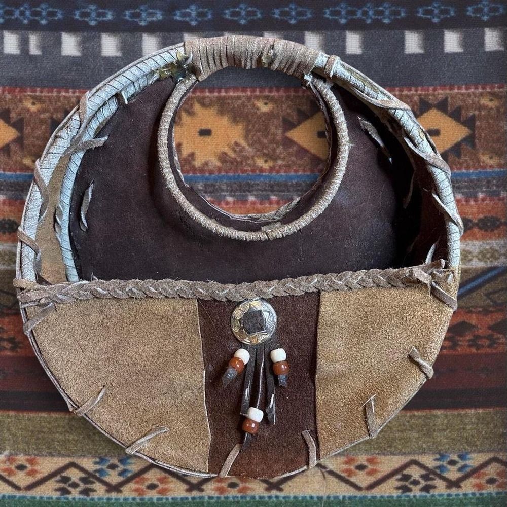 Vintage Handmade Whipstitch Leather & Suede Circular Handbag